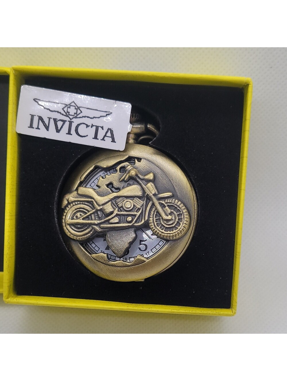 167 Invicta Bronze Motorcycle Pocket Watch with Chain, Original Box